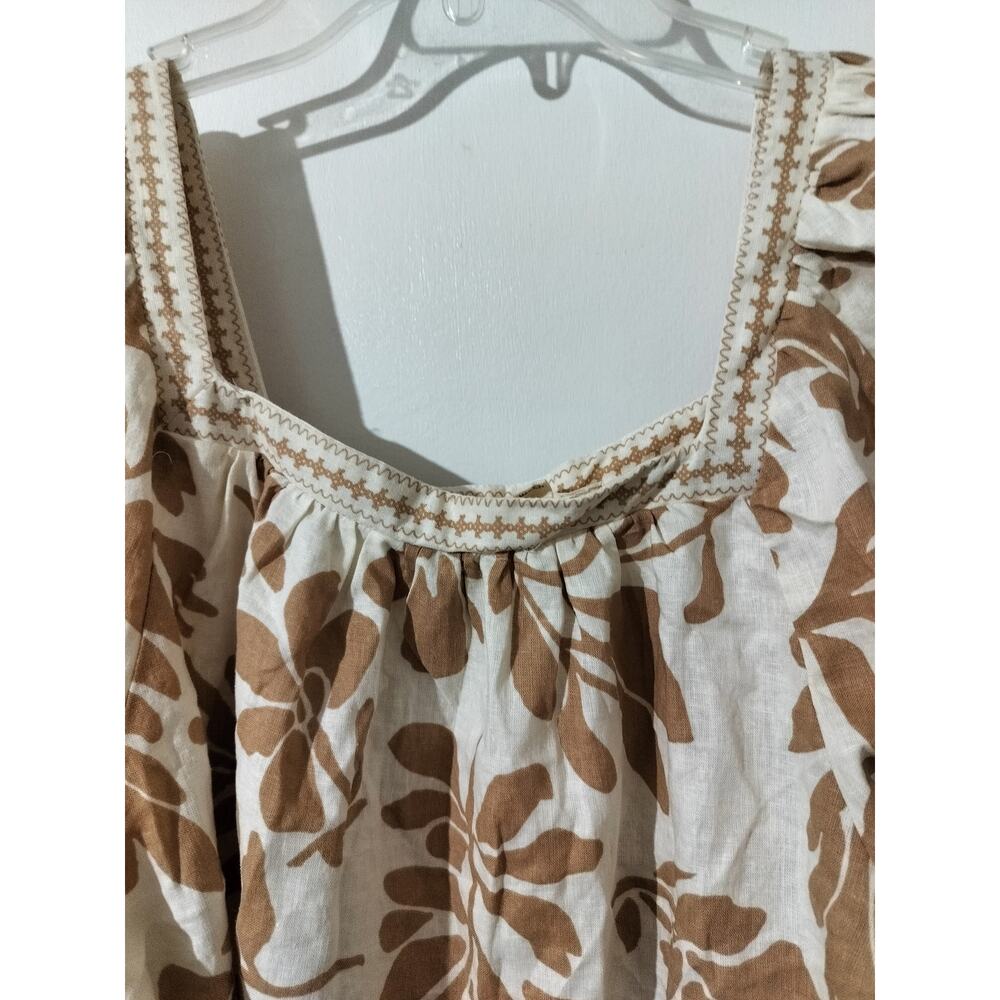 6057)Christian Siriano NY Linen Blend Peasant Boho Floral Tan  Crop Blouse Small - Picture 2 of 7